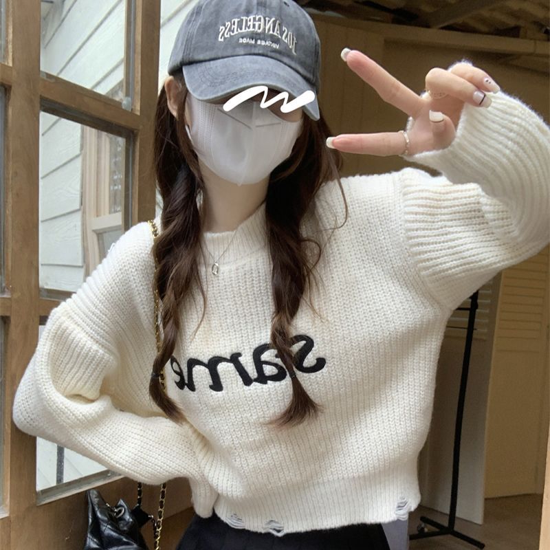 XJ家破洞短款毛衣女春秋冬內搭慵懶風寬鬆小個子打底針織衫上衣