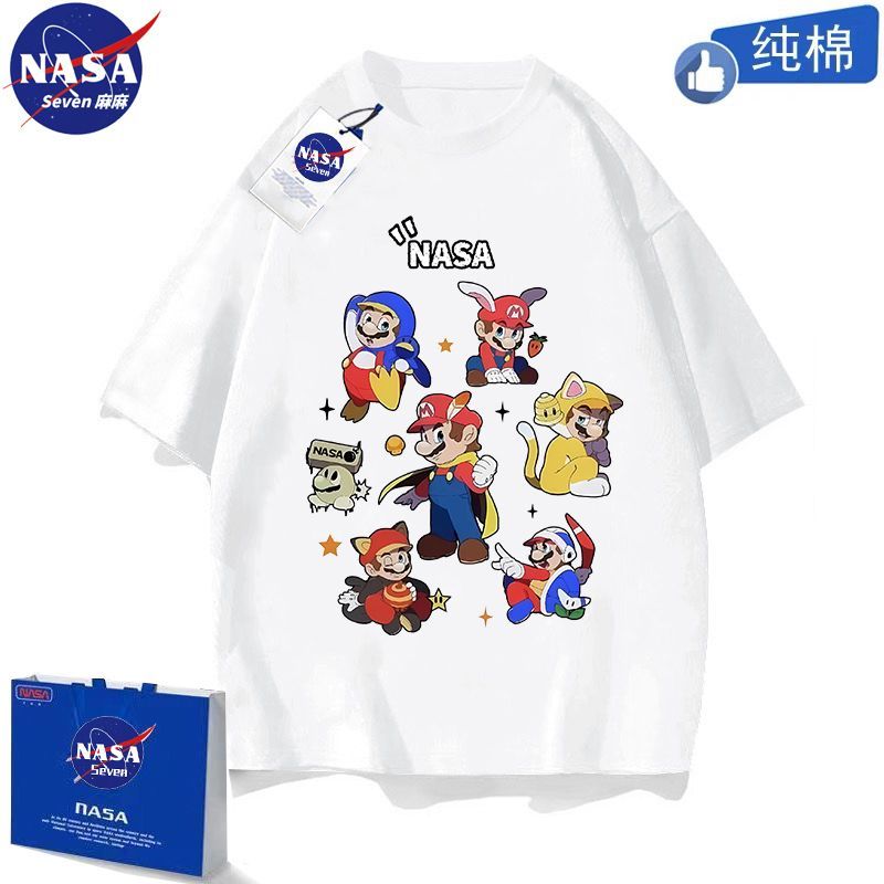 NASA Super Mario pure cotton T-shirt boys handsome summer cartoon Mario short-sleeved tops medium and large children's clothing