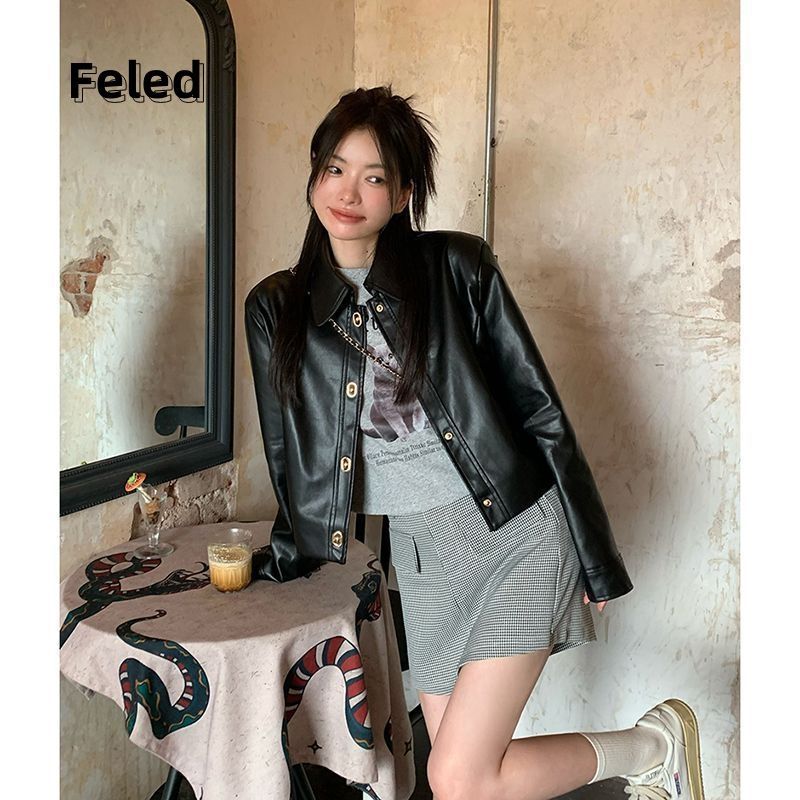Feira Denton 2023 new men's and women's fashionable and elegant lapel loose and versatile single-breasted sweet and cool long-sleeved leather jacket