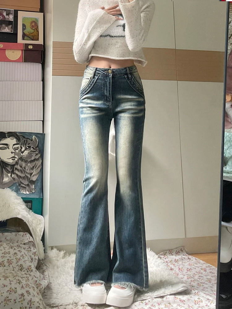 復古辣妹微喇牛仔褲女秋季新款做舊高腰緊身彈力顯瘦毛邊喇叭褲子