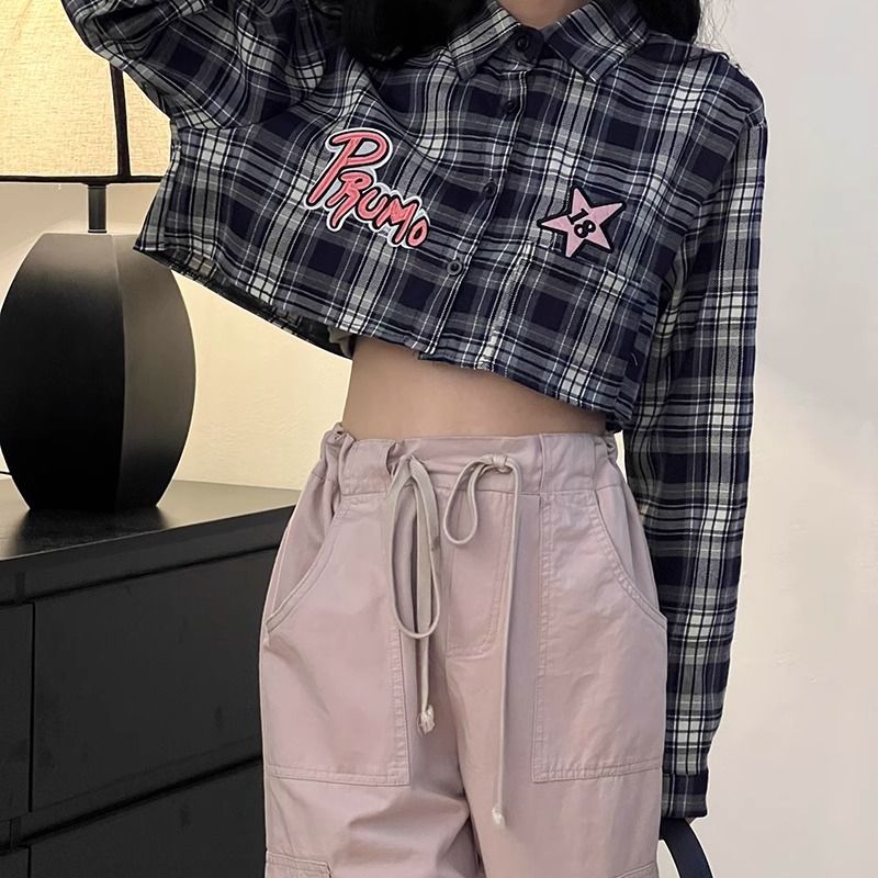 短款格子襯衫外套女春秋設計感小眾襯衣外搭開衫薄款長袖法式上衣