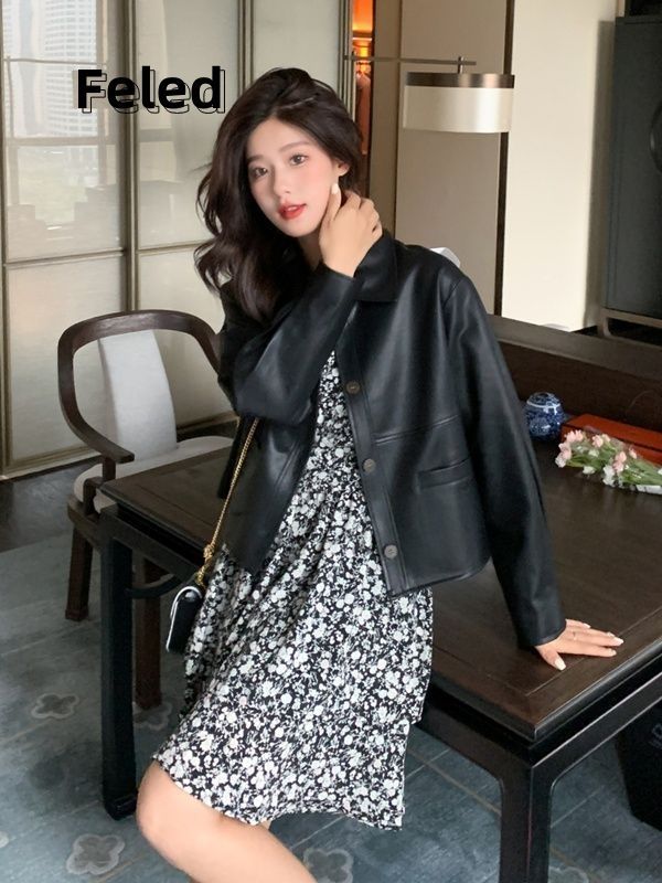 Feila Denton black short leather jacket early autumn men and women 2023 new Hong Kong style retro loose trendy top