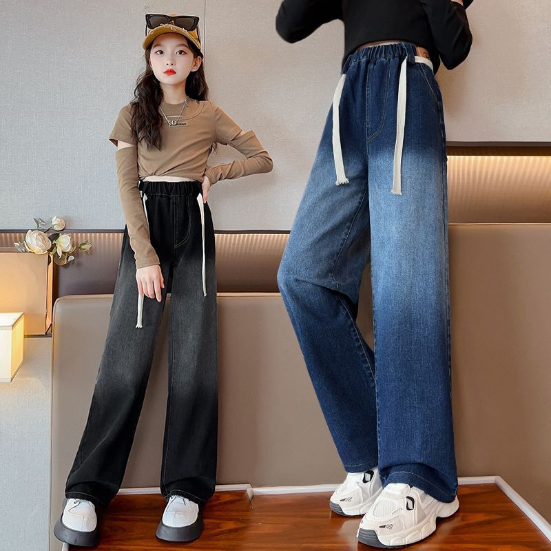 女童牛仔褲春秋外穿寬鬆褲子2023新款學生秋裝洋氣兒童時髦闊腿褲