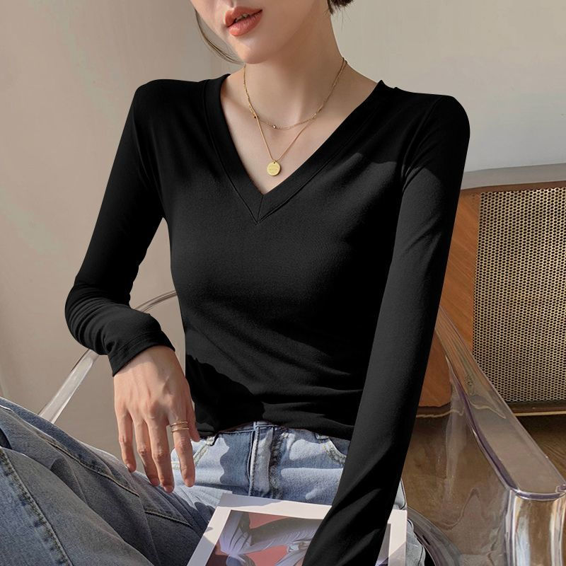 French thread front shoulder V-neck large size women's fat mm long-sleeved t-shirt women's autumn bottoming shirt with slim tops