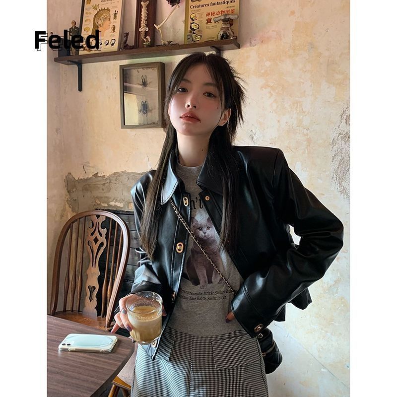 Feira Denton 2023 new men's and women's fashionable and elegant lapel loose and versatile single-breasted sweet and cool long-sleeved leather jacket