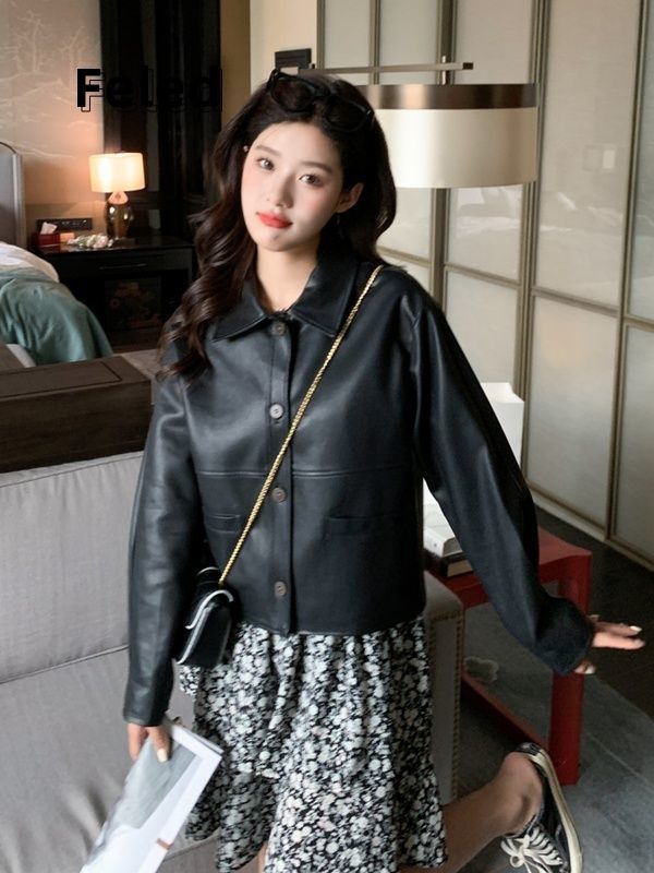 Feila Denton black short leather jacket early autumn men and women 2023 new Hong Kong style retro loose trendy top
