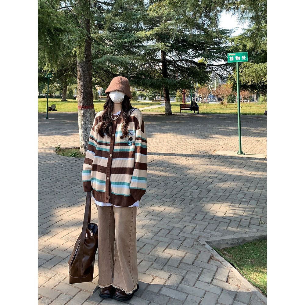 學院風復古條紋毛衣開衫外套女春秋小個子甜美森系奶系針織衫上衣