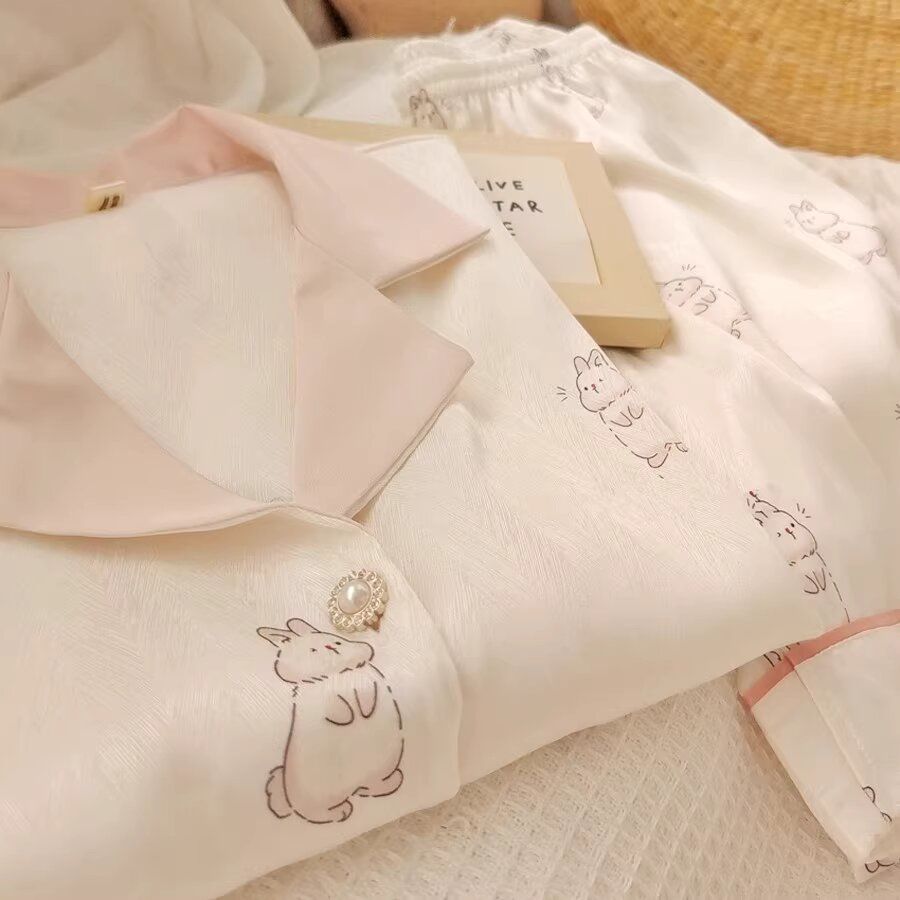 睡衣女夏天薄款冰絲短袖ins可愛兔子高級感絲綢家居服套裝可外穿