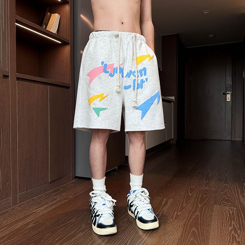 欧美休闲短裤男夏季潮牌发泡彩色印花5五分裤设计感篮球运动中裤