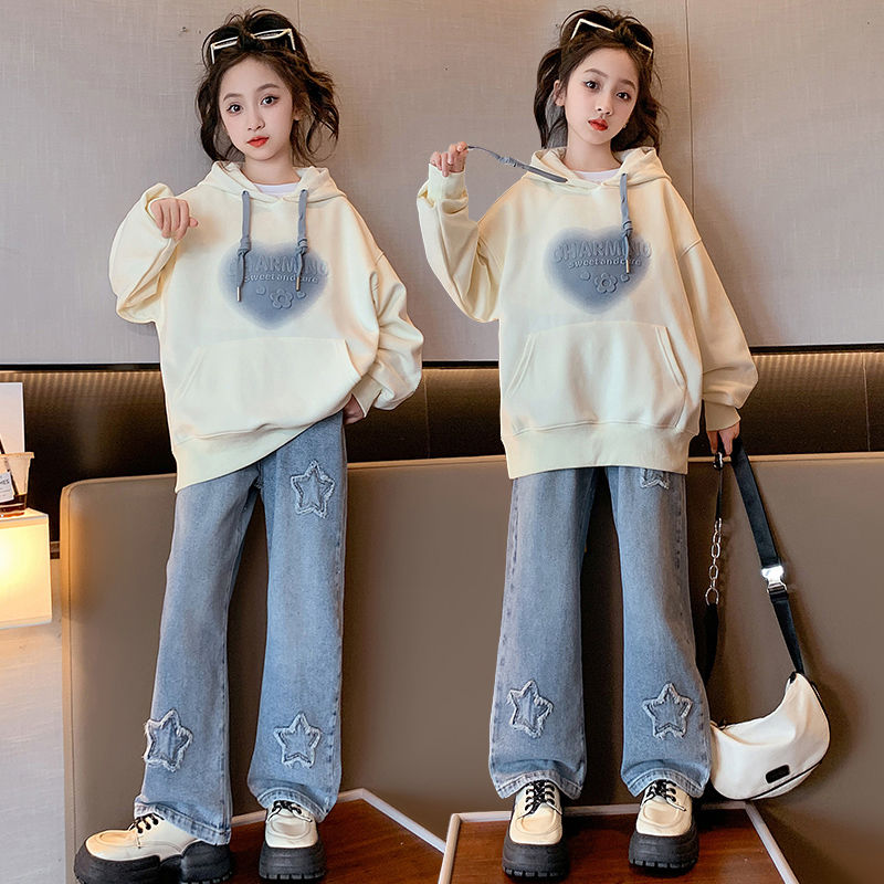 女童套裝中大童休閒裝2023新款韓版洋氣女孩春秋衛衣牛仔褲兩件套