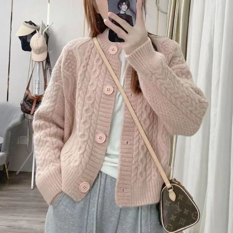 Niche design knitted cardigan women's tops  spring and autumn new loose round neck solid color twist sweater for women