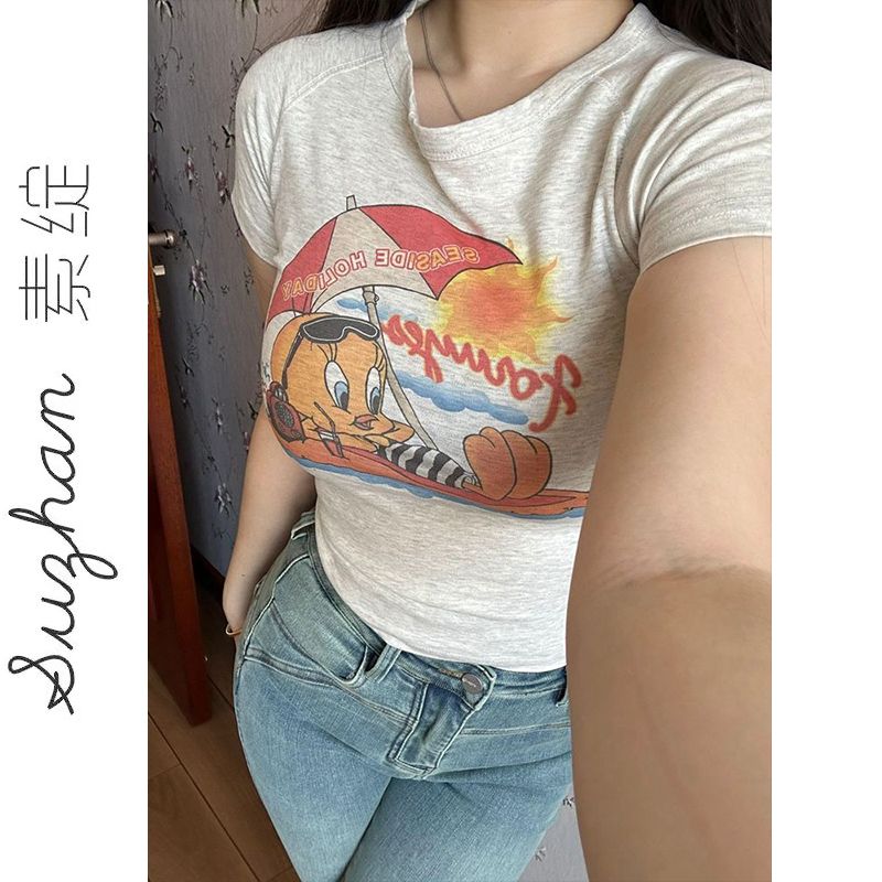 多巴胺女孩穿搭卡通印花短袖t恤女新款純棉圓領正肩別致獨特上衣