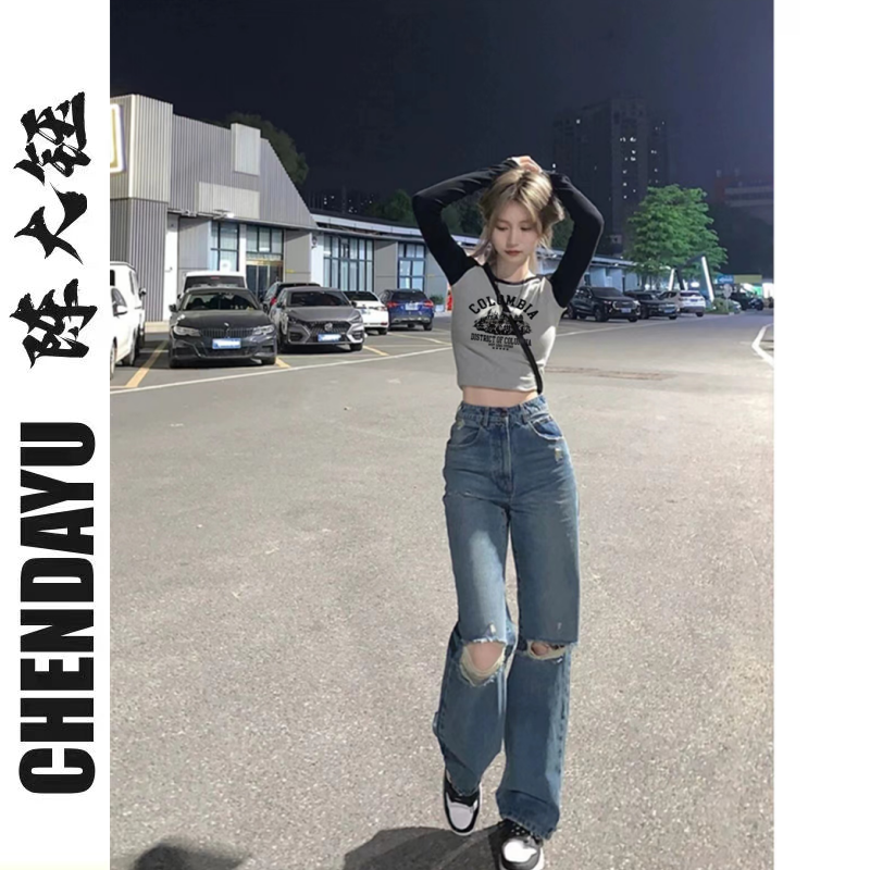 Retro short letter T-shirt women's autumn new sweet hot girl long-sleeved loose bottoming shirt design top