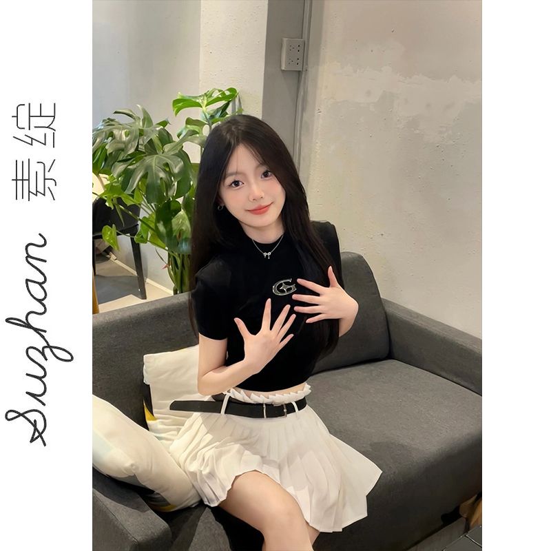 夏新款別致極簡風短款露臍上衣女美式正肩純欲設計感顯瘦短袖t恤