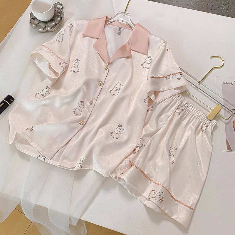 睡衣女夏天薄款冰絲短袖ins可愛兔子高級感絲綢家居服套裝可外穿