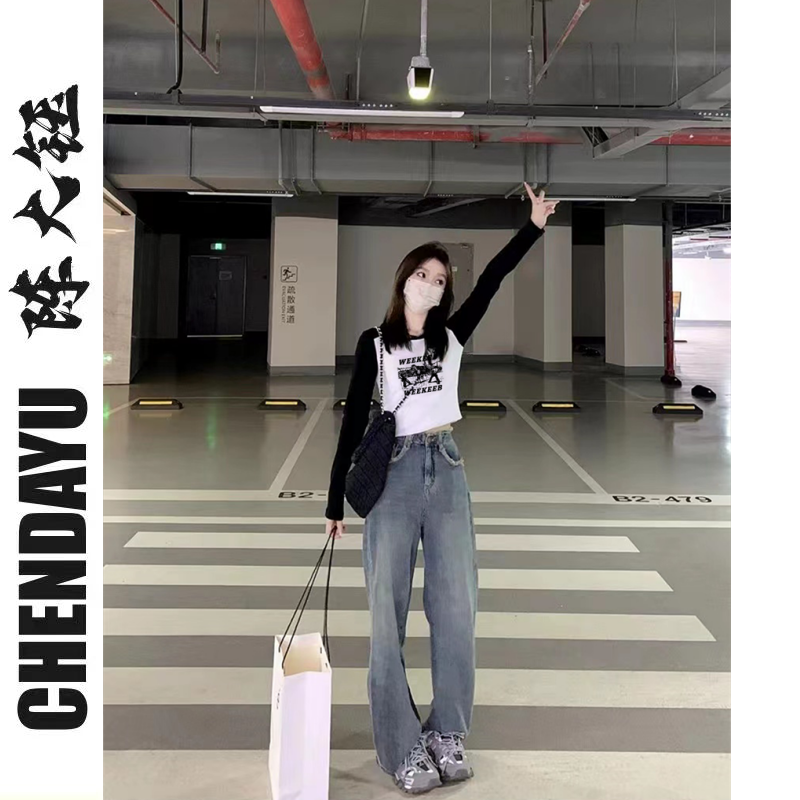 Chen Dayu's early autumn color-blocking bottoming shirt women's long-sleeved short top with chic high waist exposed navel front shoulder t female ins