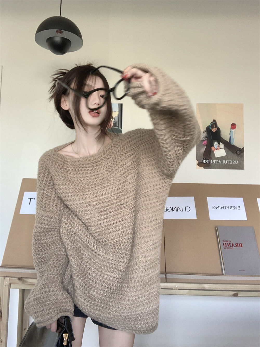 韓版一字領寬鬆粗針慵懶風毛衣女秋季高級感好看別致針織衫上衣潮
