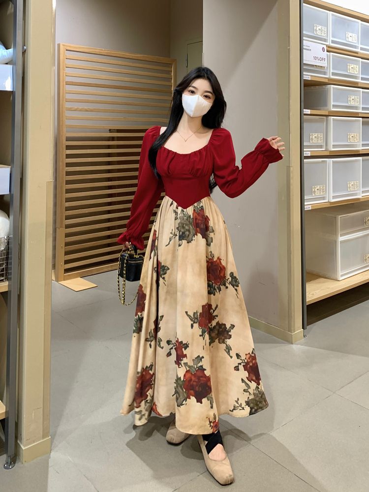 大碼港風淑女復古方領長袖碎花連衣裙女新款收腰裙子胖mm遮肚顯瘦