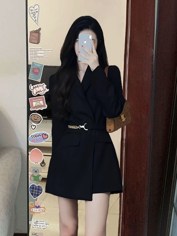 Korean style mid-length black shoulder pad blazer for women spring and autumn new style internet celebrity fashion street versatile suit top