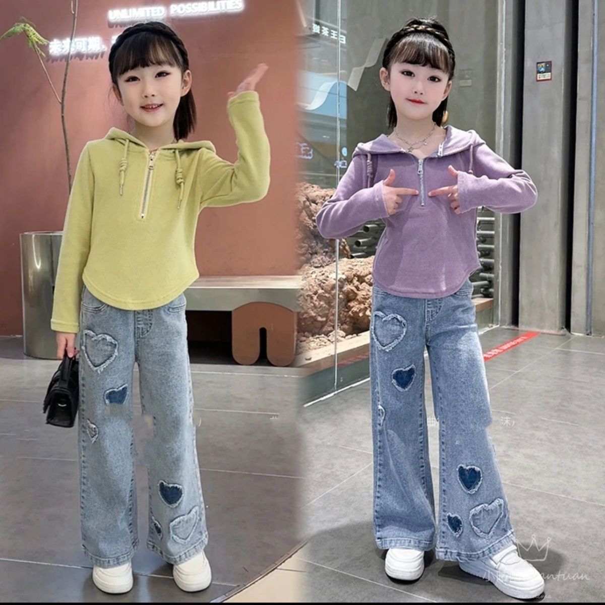 Girls Autumn Suit 2023 New Style Children's Hooded Sweatshirt Design Love Jeans Two-piece Trendy Set