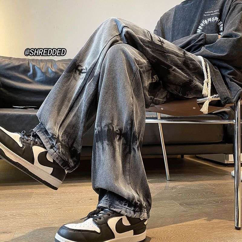 扎染漸變牛仔褲男秋季美式vibe風直筒微喇褲子潮牌寬鬆百搭闊腿褲