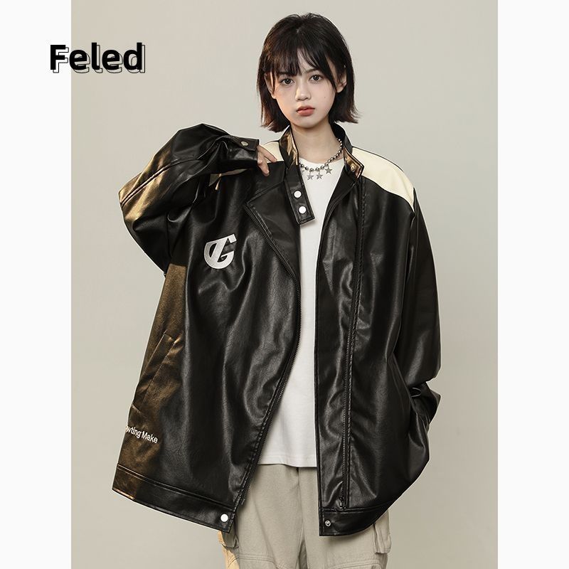 Feila Denton motorcycle leather jacket for men and women with stand-up collar design niche early autumn contrasting color American versatile jacket