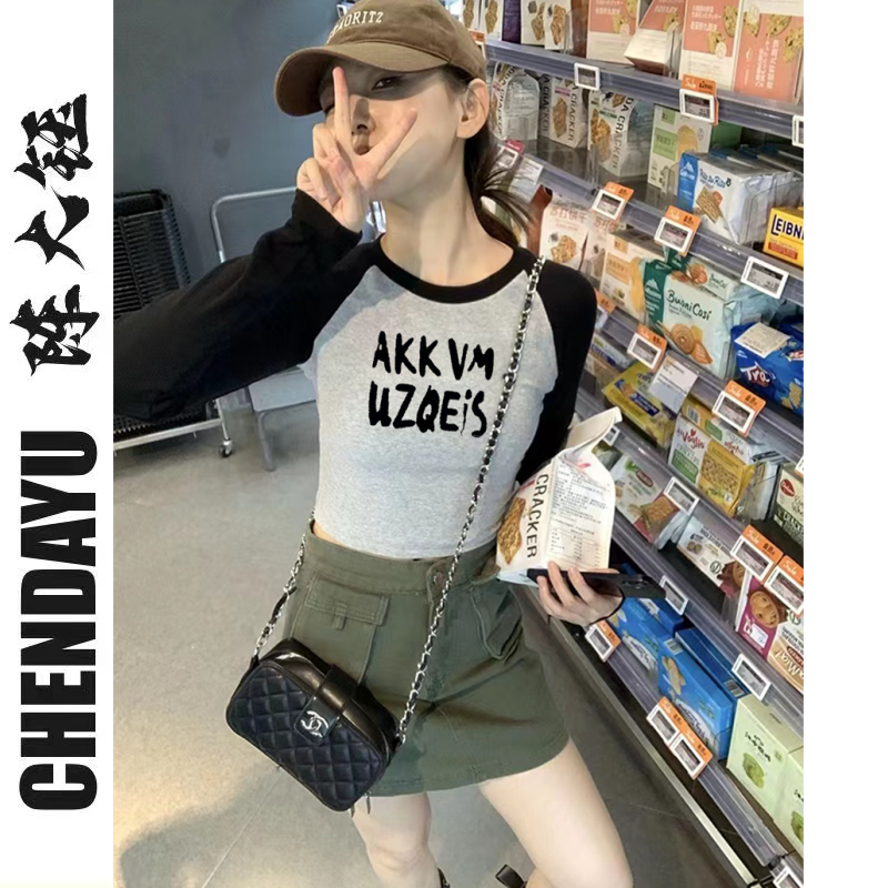 Chen Dayu cartoon print raglan sleeves t-shirt female slim tall waist long-sleeved bottoming slim short hot girl navel t