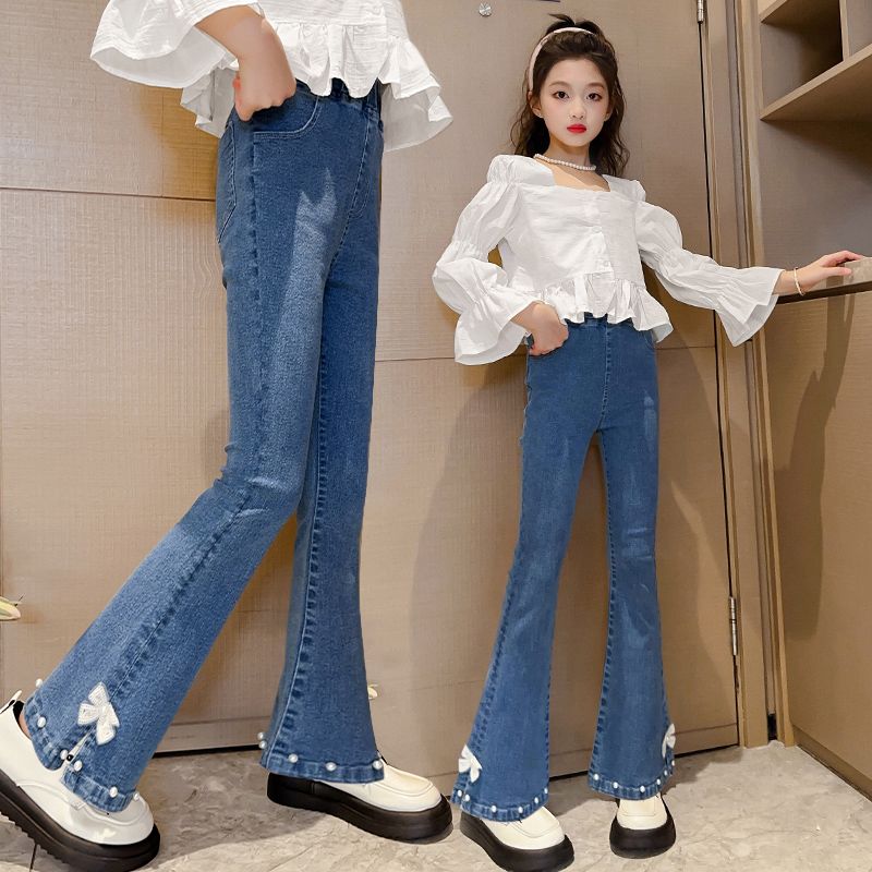 女童褲子新款春秋洋氣9兒童10中大童12女孩彈力喇叭褲修身牛仔褲