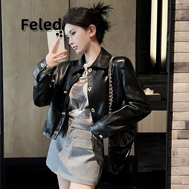 Feira Denton's high-end and super good-looking short leather jacket for men and women, sweet and cool niche chic shoulder pad jacket top
