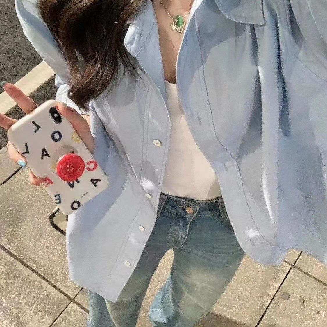 夏季2023薄款藍色純棉襯衫女寬鬆百搭襯衣防曬開衫情侶上衣ins潮