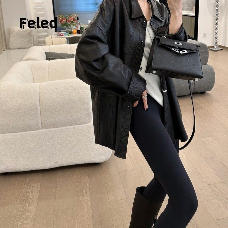 Feira Denton black splicing medium leather jacket for men and women personalized French retro temperament jacket outer jacket