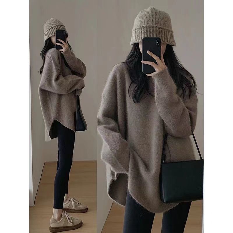 中長款開叉毛衣女冬季寬鬆大碼溫柔慵懶風上衣軟糯保暖圓領針織衫