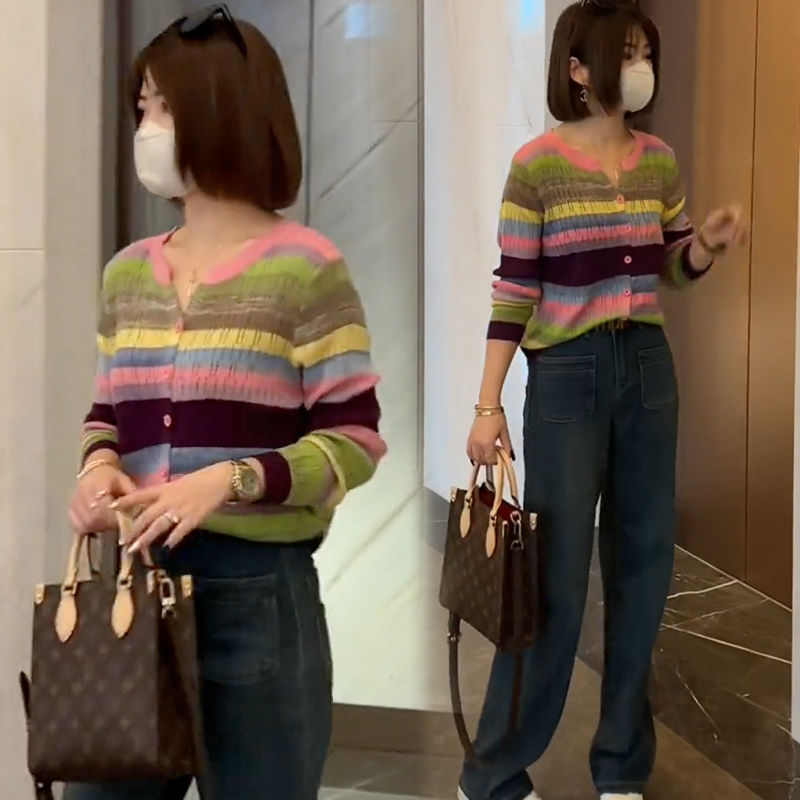 藍海奕諾撞色條紋v領長袖薄款針織開衫外套女2023秋新款休閒上衣