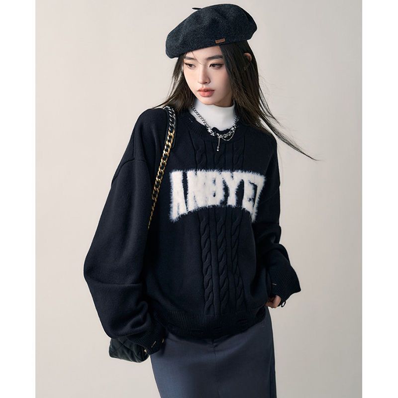 ANDYET AD1/22AW 原創破洞提花LOGO設計感針織衫秋季寬鬆套頭毛衣