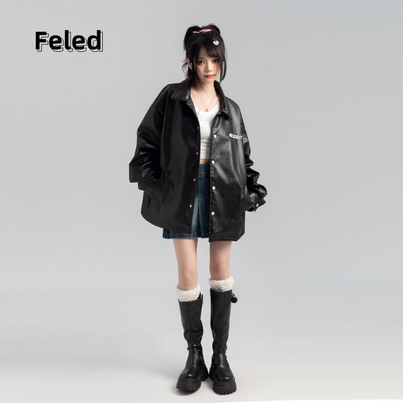 Feila Denton early autumn new all-match PU leather jacket for men and women American retro loose street style all-match jacket