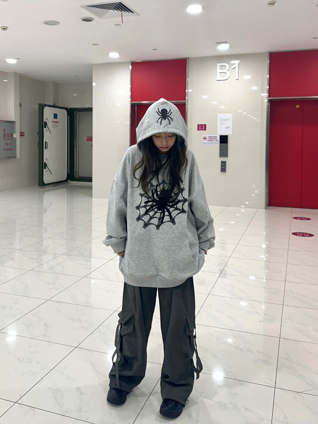 美式復古蜘蛛衛衣女春秋寬鬆ins潮牌慵懶風oversize灰色連帽外套