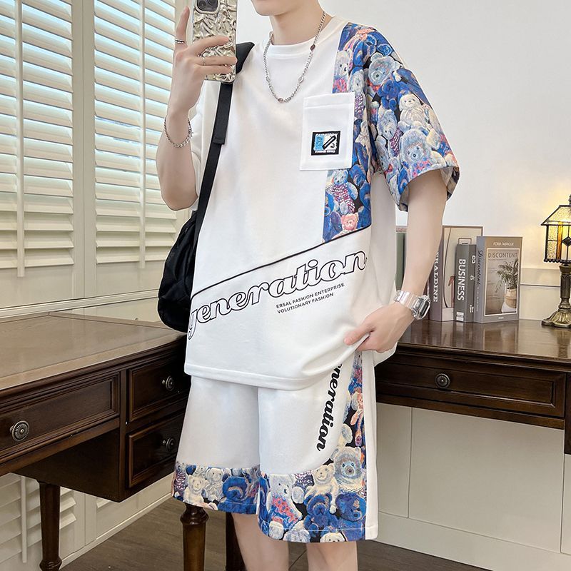 個性印花短袖套裝男夏季潮牌潮流冰絲t恤男裝一套搭配青少年衣服