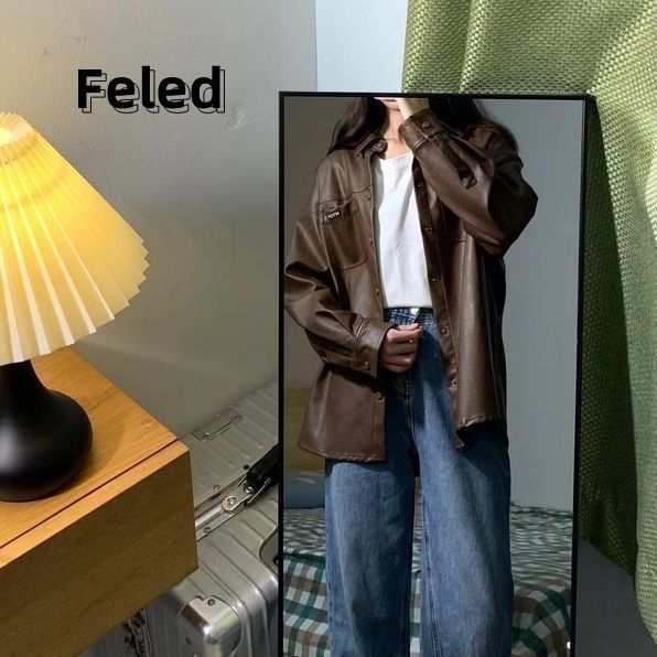 Feila Denton American retro brown pu leather jacket men and women autumn thin trendy brand jacket loose jacket