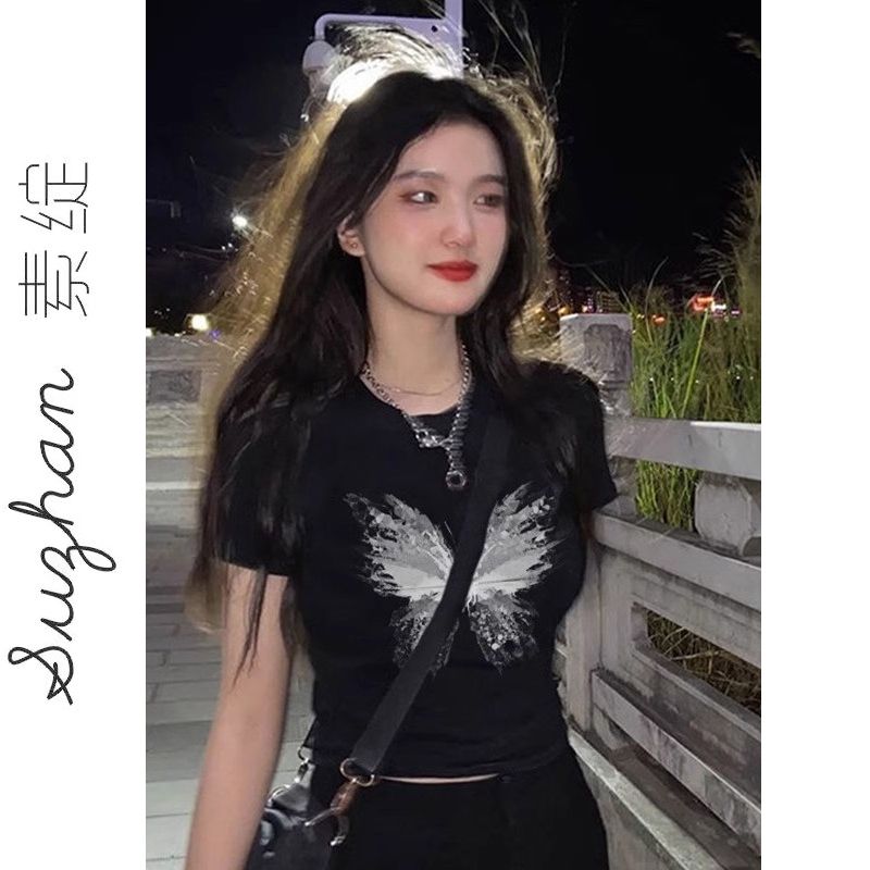 純棉修身圓領蝴蝶印花t恤女美式復古甜酷辣妹設計感短款純棉上衣