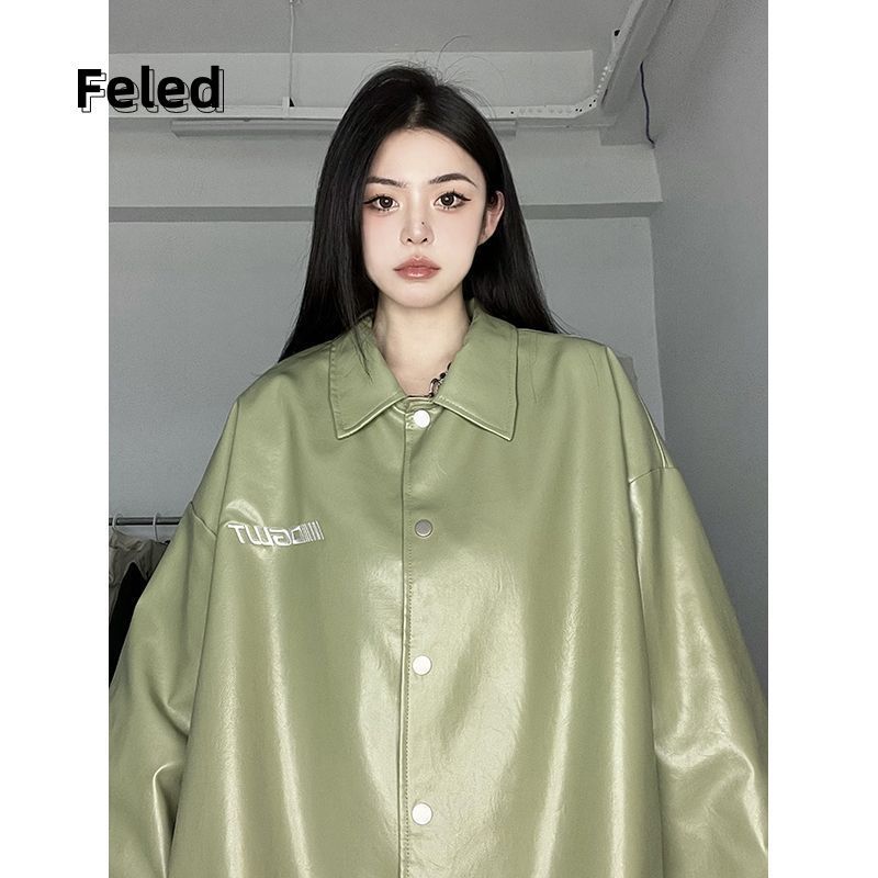Feira Denton jacket for men and women with pu leather design niche early autumn loose oversize American retro top