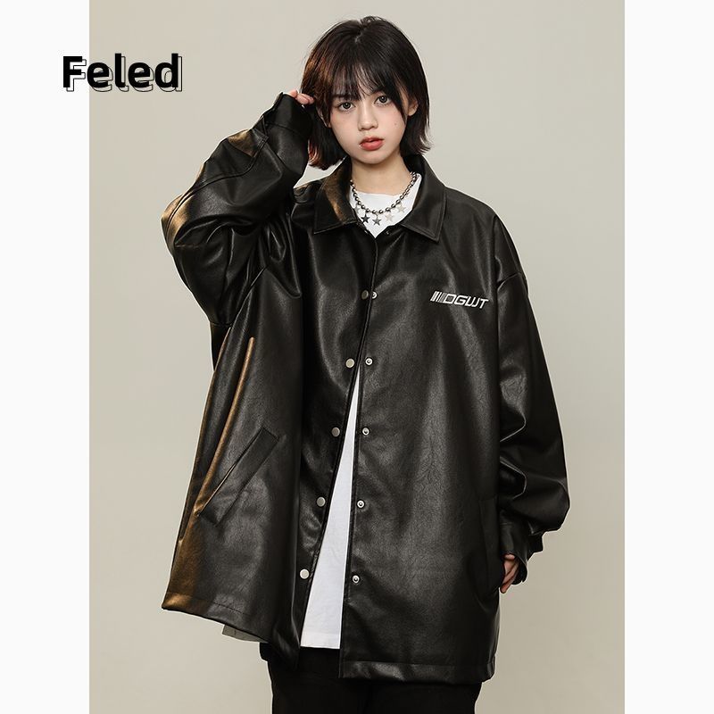 Feira Denton jacket for men and women with pu leather design niche early autumn loose oversize American retro top