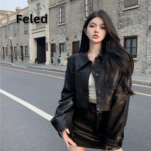 Feira Denton 2023 new sweet and cool black leather jacket men and women trendy retro American versatile tops