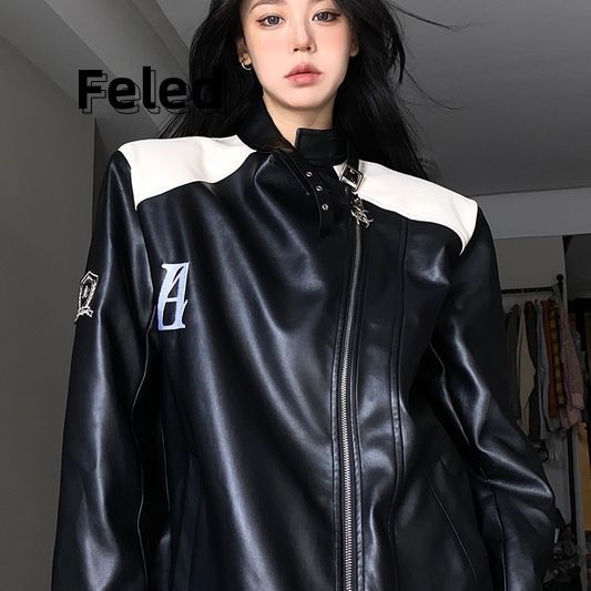 Feira Denton color matching design motorcycle leather jacket men and women niche high-end jacket couple tops