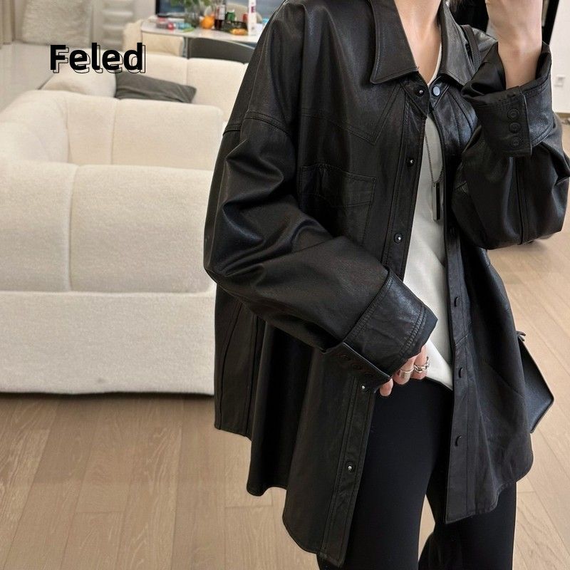 Feira Denton black splicing medium leather jacket for men and women personalized French retro temperament jacket outer jacket