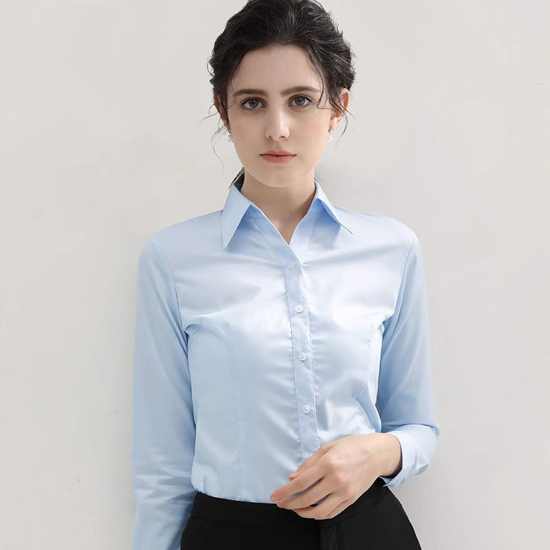白衬衫女士长袖新款职业正装v领工作服银行工装短袖蓝色女装衬衣