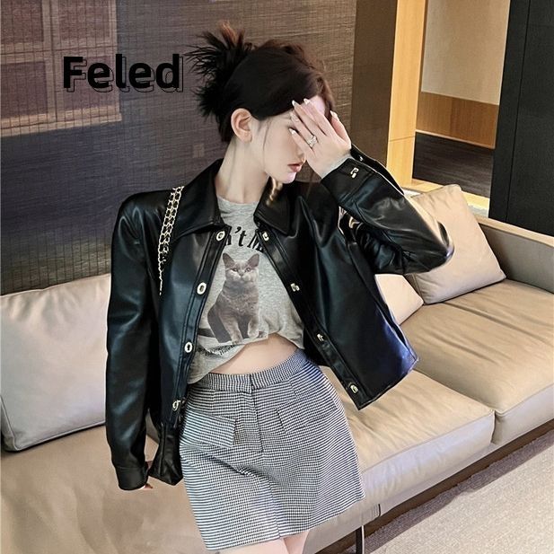 Feira Denton 2023 new gold buckle black leather jacket for men and women casual cool motorcycle loose trendy jacket