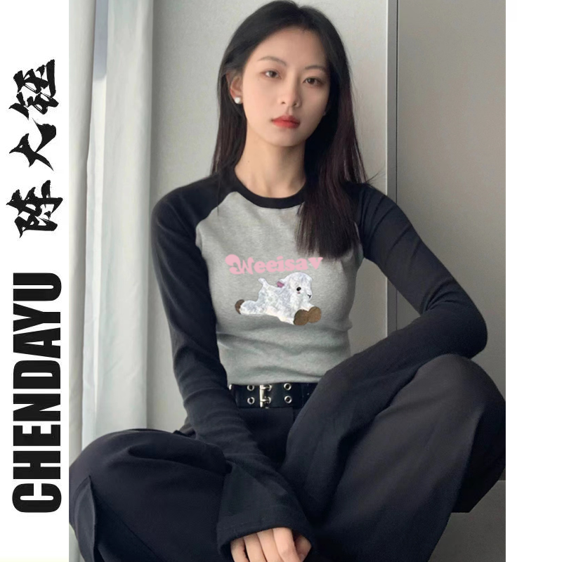 Chen Dayu American-style Hong Kong flavor hit color long-sleeved t-girl autumn and winter pure desire hot girl sexy short top with bottoming shirt