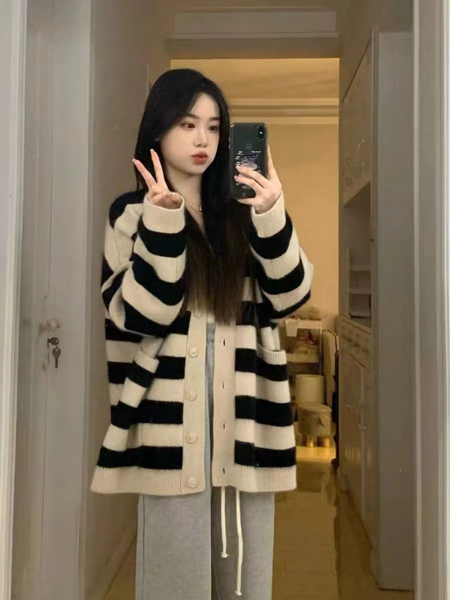 2023年新款春裝韓系寬鬆慵懶風毛衣條紋針織開衫外套女春秋款上衣