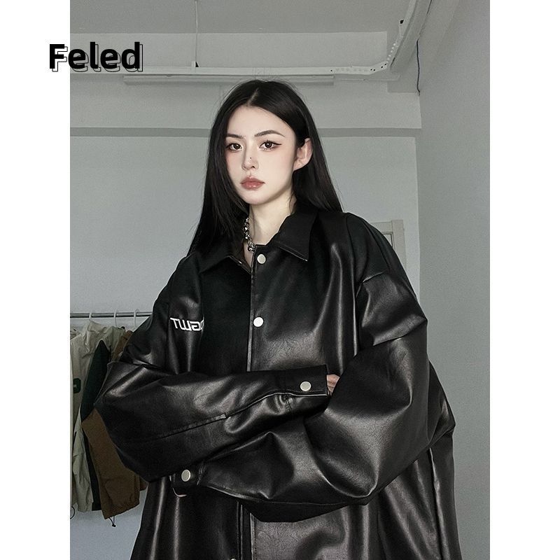 Feira Denton jacket for men and women with pu leather design niche early autumn loose oversize American retro top