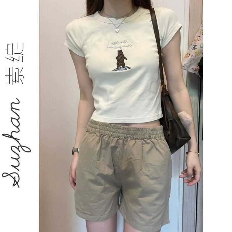 白色純棉小熊刺繡短款上衣女美式復古正肩顯瘦短款bm風短袖t恤衫